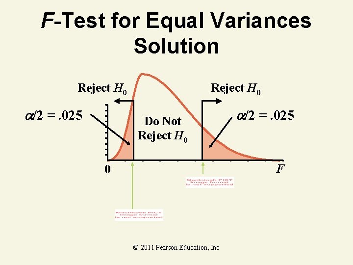 F-Test for Equal Variances Solution Reject H 0 /2 =. 025 Reject H 0 F-Test for Equal Variances Solution Reject H 0 /2 =. 025 Reject H 0