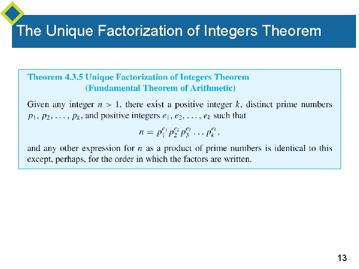 The Unique Factorization of Integers Theorem 13 