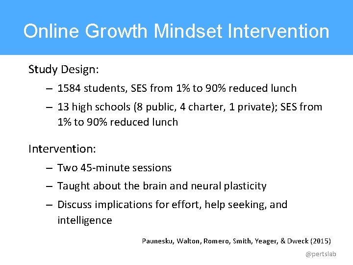 Online Growth Mindset Intervention Study Design: – 1584 students, SES from 1% to 90%