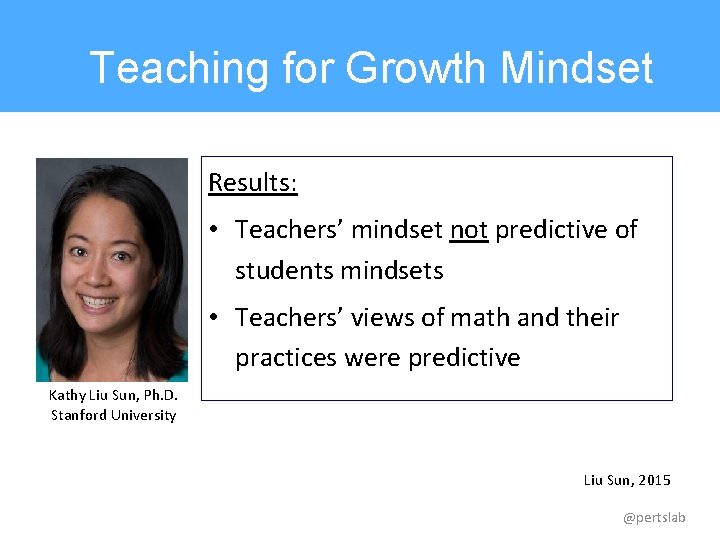 Teaching for Growth Mindset Results: • Teachers’ mindset not predictive of students mindsets •