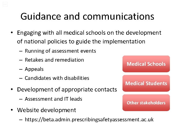 SM Guidance and communications • Engaging with all medical schools on the development of