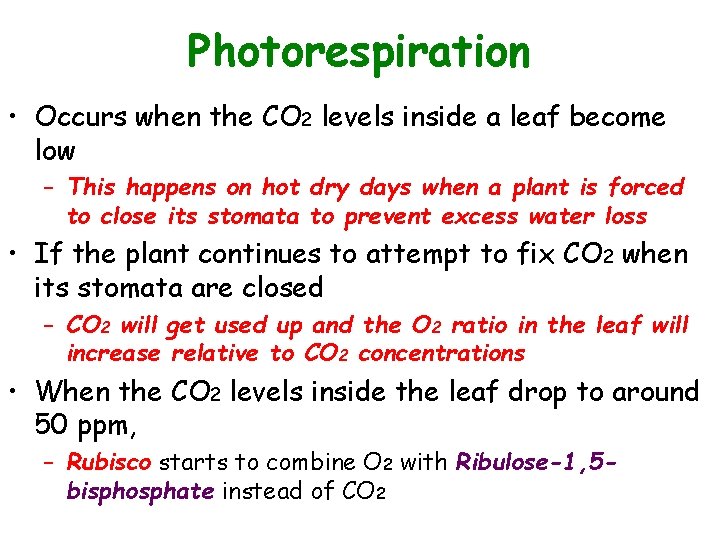 Photorespiration • Occurs when the CO 2 levels inside a leaf become low –