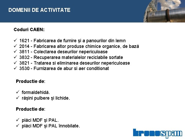  DOMENII DE ACTIVITATE Coduri CAEN: ü ü ü 1621 - Fabricarea de furnire