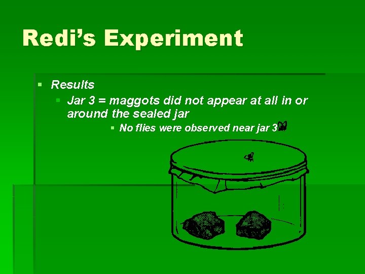 Redi’s Experiment § Results § Jar 3 = maggots did not appear at all