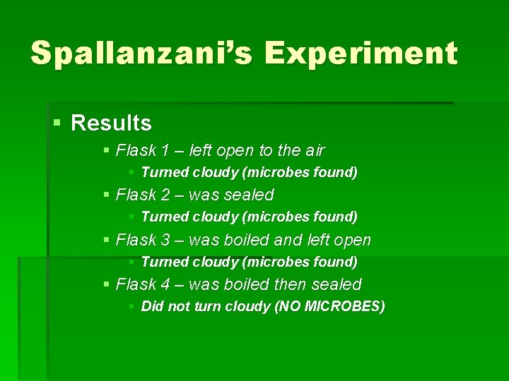 Spallanzani’s Experiment § Results § Flask 1 – left open to the air §