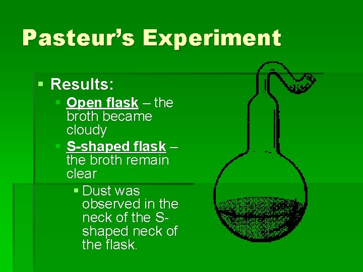 Pasteur’s Experiment § Results: § Open flask – the broth became cloudy § S-shaped