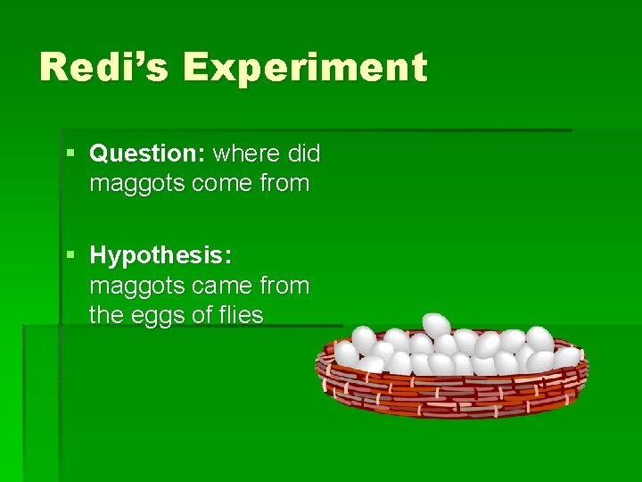 Redi’s Experiment § Question: where did maggots come from § Hypothesis: maggots came from
