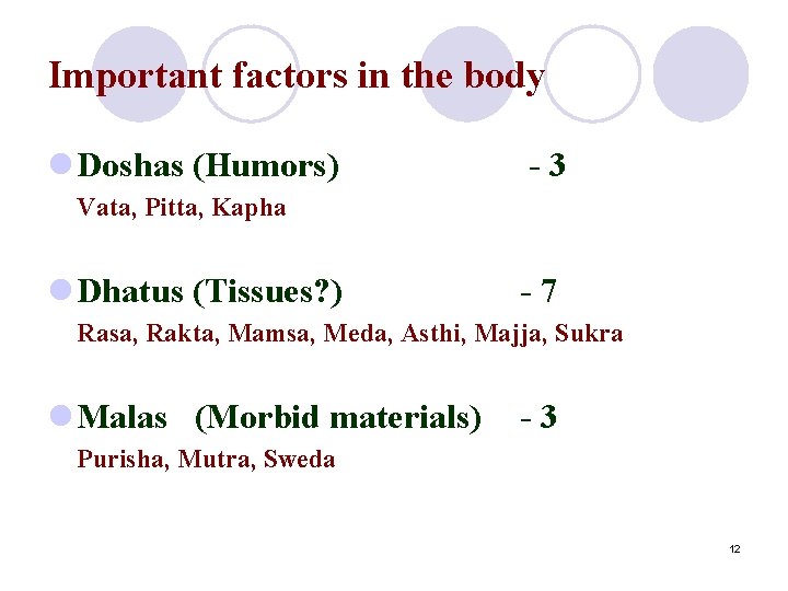 Important factors in the body l Doshas (Humors) -3 Vata, Pitta, Kapha l Dhatus