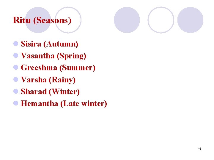 Ritu (Seasons) l Sisira (Autumn) l Vasantha (Spring) l Greeshma (Summer) l Varsha (Rainy)