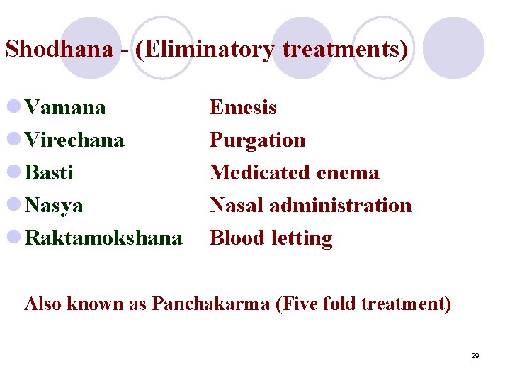 Shodhana - (Eliminatory treatments) l Vamana l Virechana l Basti l Nasya l Raktamokshana