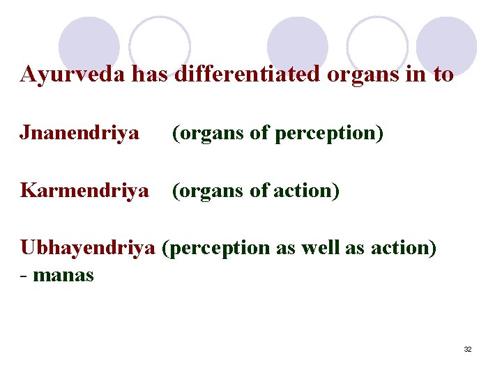 Ayurveda has differentiated organs in to Jnanendriya (organs of perception) Karmendriya (organs of action)