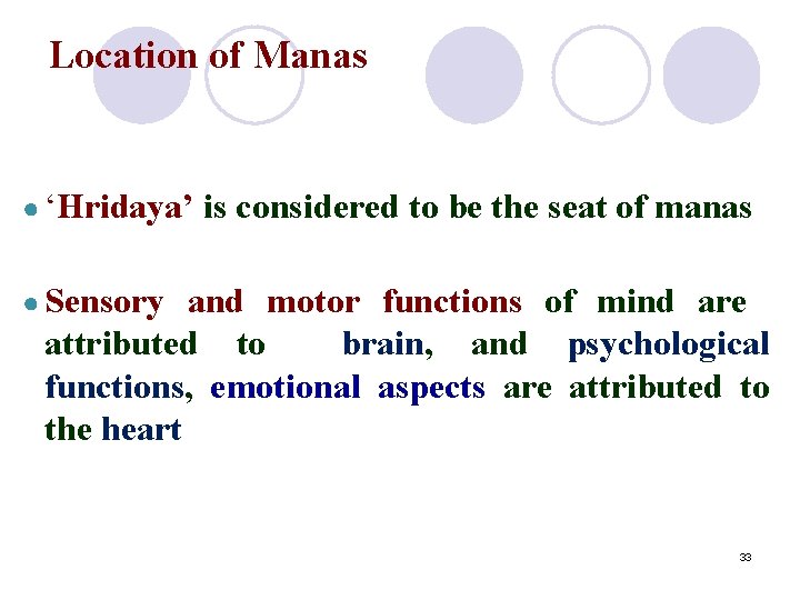 Location of Manas ● ‘Hridaya’ is considered to be the seat of manas ●