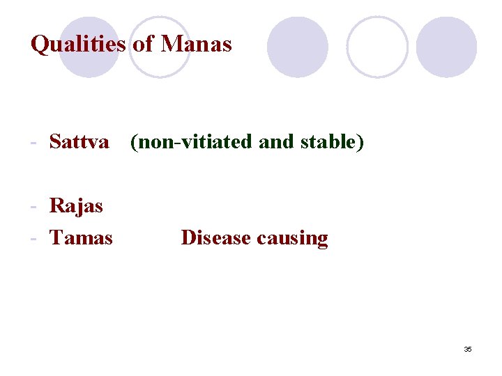 Qualities of Manas - Sattva (non-vitiated and stable) - Rajas - Tamas Disease causing