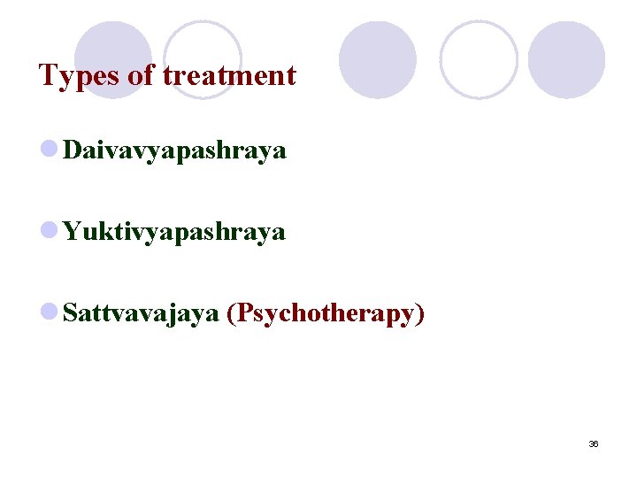 Types of treatment l Daivavyapashraya l Yuktivyapashraya l Sattvavajaya (Psychotherapy) 36 