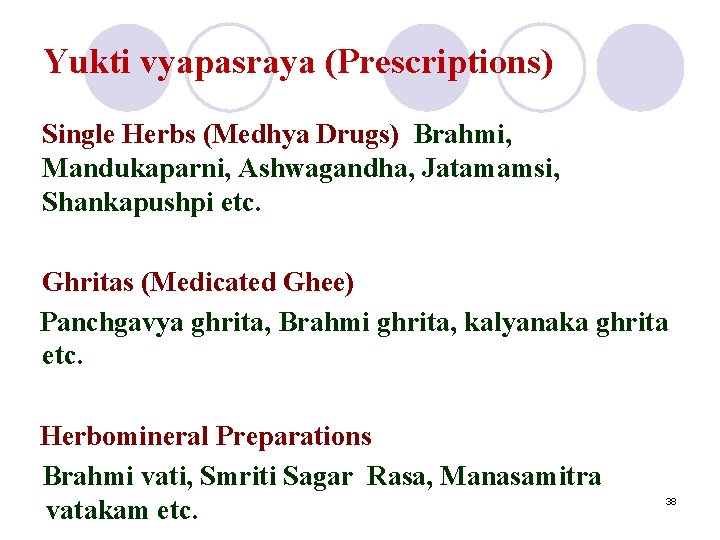 Yukti vyapasraya (Prescriptions) Single Herbs (Medhya Drugs) Brahmi, Mandukaparni, Ashwagandha, Jatamamsi, Shankapushpi etc. Ghritas