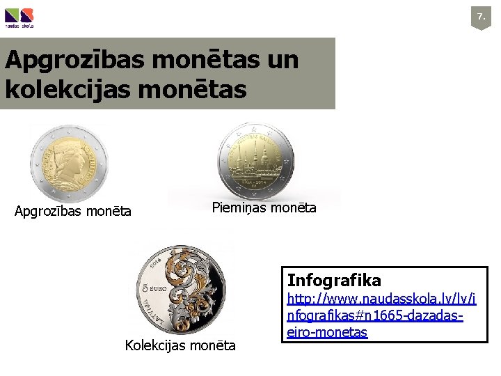 7. Apgrozības monētas un kolekcijas monētas Apgrozības monēta Piemiņas monēta Infografika Kolekcijas monēta http: