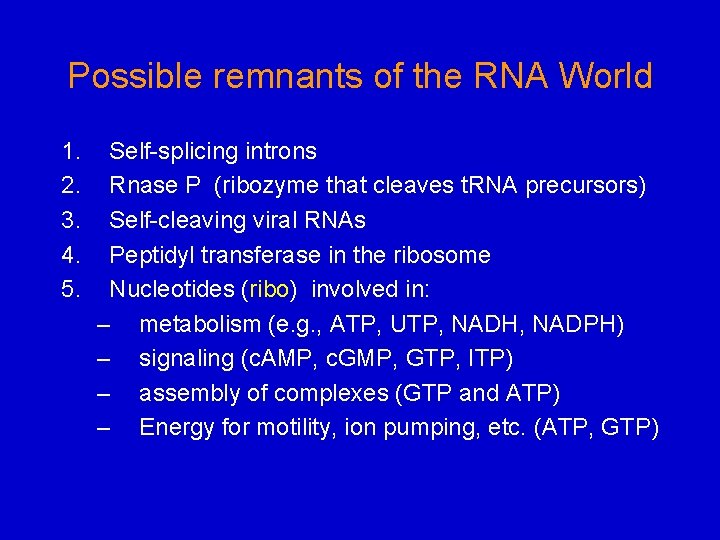 Possible remnants of the RNA World 1. 2. 3. 4. 5. Self-splicing introns Rnase