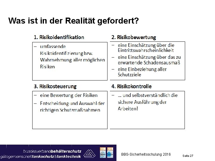 Was ist in der Realität gefordert? BBS-Sicherheitsschulung 2016 Seite 27 