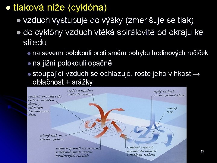 l tlaková níže (cyklóna) l vzduch vystupuje do výšky (zmenšuje se tlak) l do