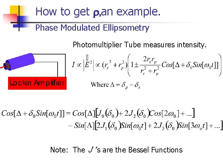 How to get r, an example. Phase Modulated Ellipsometry Photomultiplier Tube measures intensity. Note: