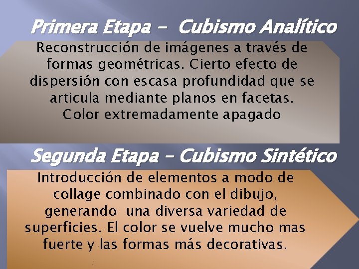 Primera Etapa - Cubismo Analítico Reconstrucción de imágenes a través de formas geométricas. Cierto