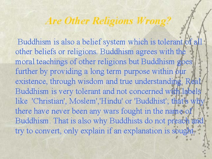 Are Other Religions Wrong? Buddhism is also a belief system which is tolerant of