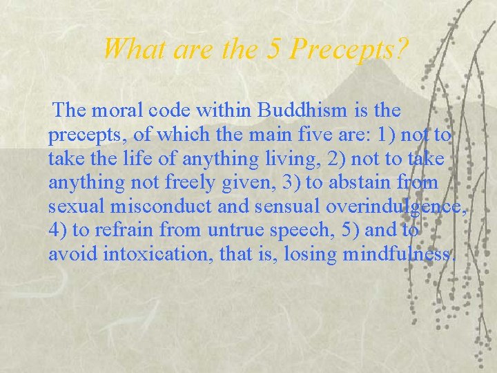 What are the 5 Precepts? The moral code within Buddhism is the precepts, of