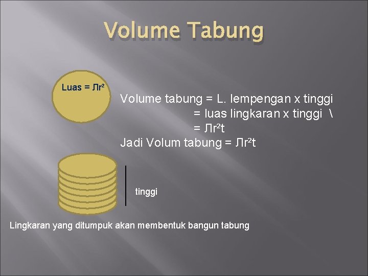 Volume Tabung Luas = Лr² Volume tabung = L. lempengan x tinggi = luas