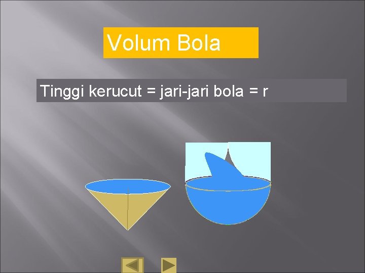 Volum Bola Tinggi kerucut = jari-jari bola = r 