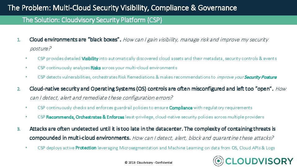  The Problem: Multi-Cloud Security Visibility, Compliance & Governance The Solution: Cloudvisory Security Platform