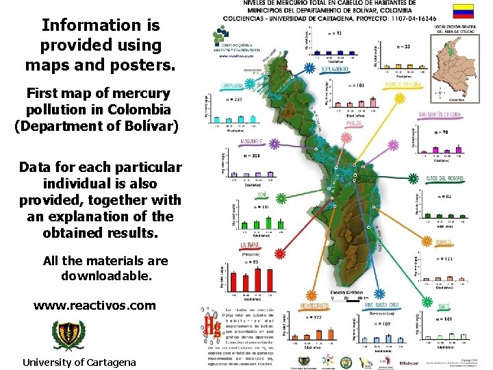 Information is provided using maps and posters. First map of mercury pollution in Colombia