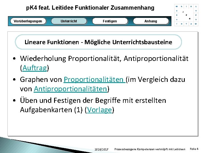 p. K 4 feat. Leitidee Funktionaler Zusammenhang Vorüberlegungen Unterricht Festigen Anhang Lineare Funktionen -