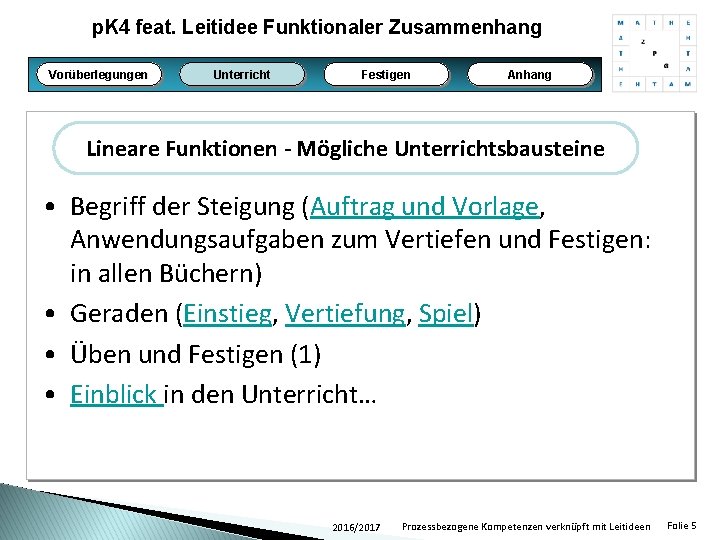 p. K 4 feat. Leitidee Funktionaler Zusammenhang Vorüberlegungen Unterricht Festigen Anhang Lineare Funktionen -