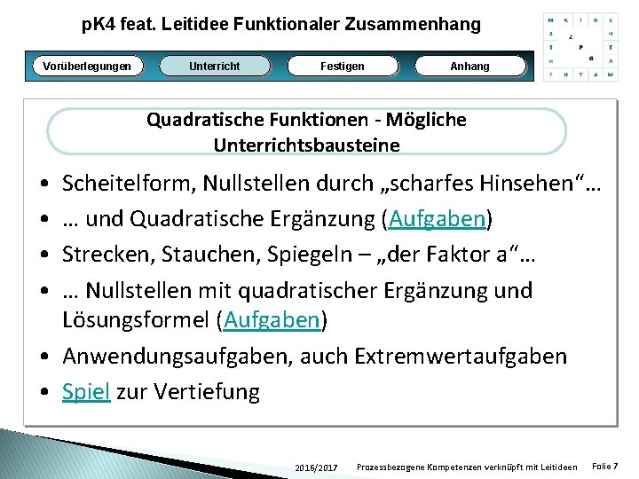 p. K 4 feat. Leitidee Funktionaler Zusammenhang Vorüberlegungen Unterricht Festigen Anhang Quadratische Funktionen -