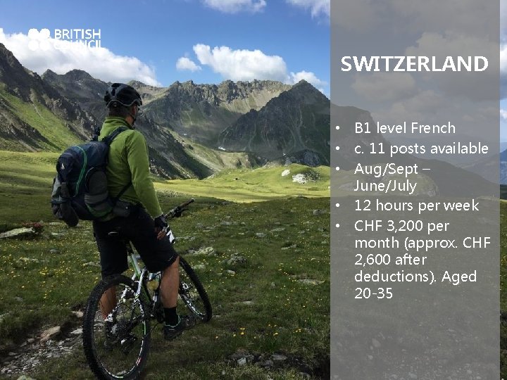 SWITZERLAND • B 1 level French • c. 11 posts available • Aug/Sept –