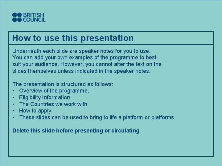 How to use this presentation Underneath each slide are speaker notes for you to