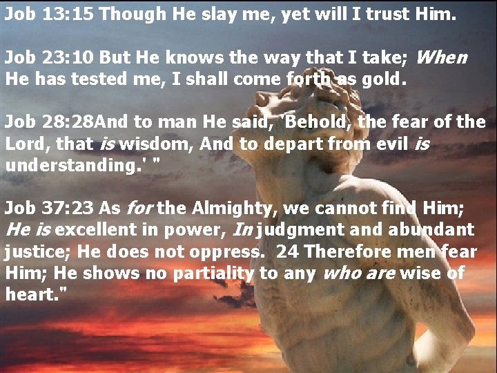 Job 13: 15 Though He slay me, yet will I trust Him. Job 23: