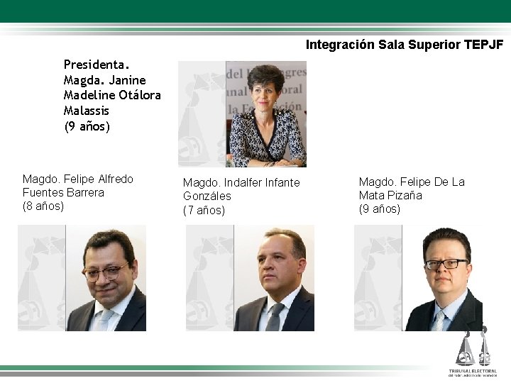 Integración Sala Superior TEPJF Presidenta. Magda. Janine Madeline Otálora Malassis (9 años) Magdo. Felipe