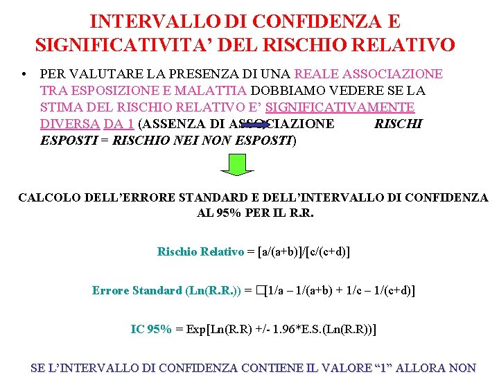 INTERVALLO DI CONFIDENZA E SIGNIFICATIVITA’ DEL RISCHIO RELATIVO • PER VALUTARE LA PRESENZA DI
