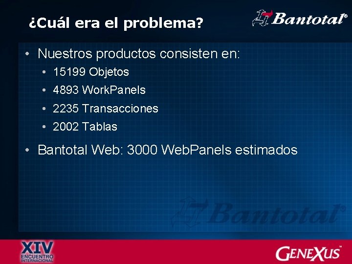 ¿Cuál era el problema? • Nuestros productos consisten en: • 15199 Objetos • 4893