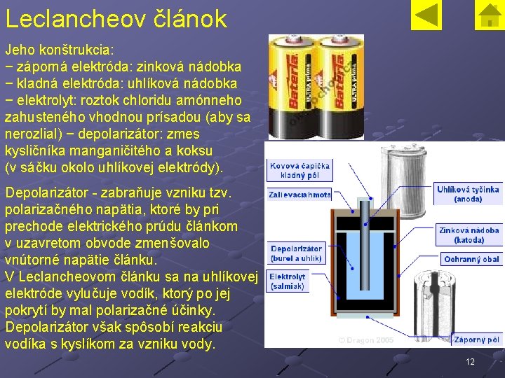 Leclancheov článok Jeho konštrukcia: − záporná elektróda: zinková nádobka − kladná elektróda: uhlíková nádobka