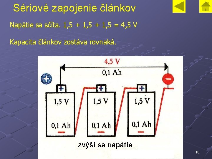 Sériové zapojenie článkov Napätie sa sčíta. 1, 5 + 1, 5 = 4, 5