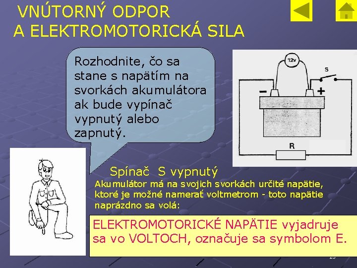 VNÚTORNÝ ODPOR A ELEKTROMOTORICKÁ SILA Rozhodnite, čo sa stane s napätím na svorkách akumulátora