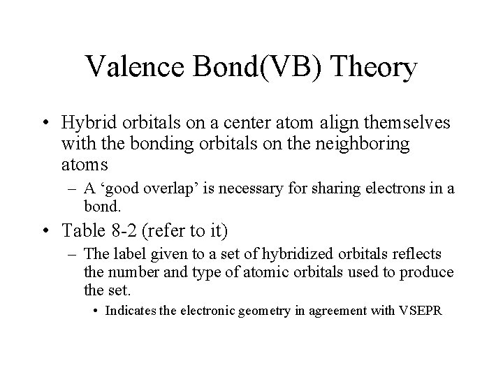 Valence Bond(VB) Theory • Hybrid orbitals on a center atom align themselves with the