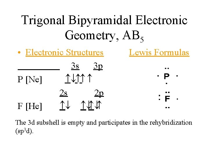 Trigonal Bipyramidal Electronic Geometry, AB 5 • Electronic Structures 3 s 3 p P