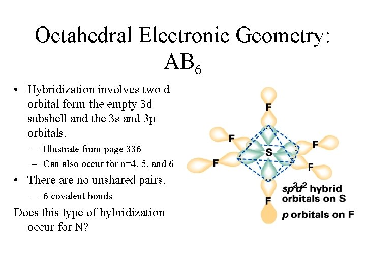 Octahedral Electronic Geometry: AB 6 • Hybridization involves two d orbital form the empty