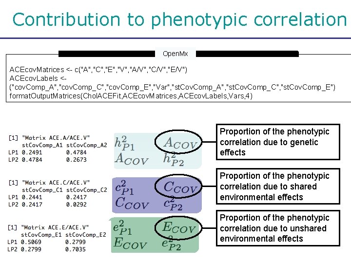 Contribution to phenotypic correlation Open. Mx ACEcov. Matrices <- c("A", "C", "E", "V", "A/V",