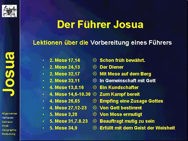 Der Führer Josua Lektionen über die Vorbereitung eines Führers Allgemeines Verfasser Zeitraum Inhalt Geographie