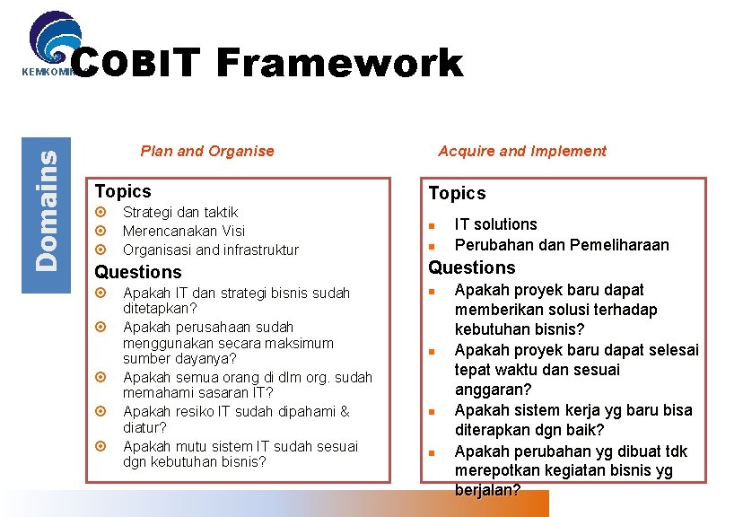 COBIT Framework Domains KEMKOMINFO Plan and Organise Topics Strategi dan taktik Merencanakan Visi Organisasi