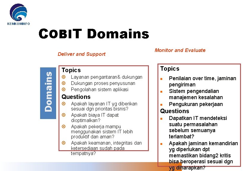 COBIT Domains Deliver and Support Domains KEMKOMINFO Topics Layanan pengantaran& dukungan Dukungan proses penyusunan